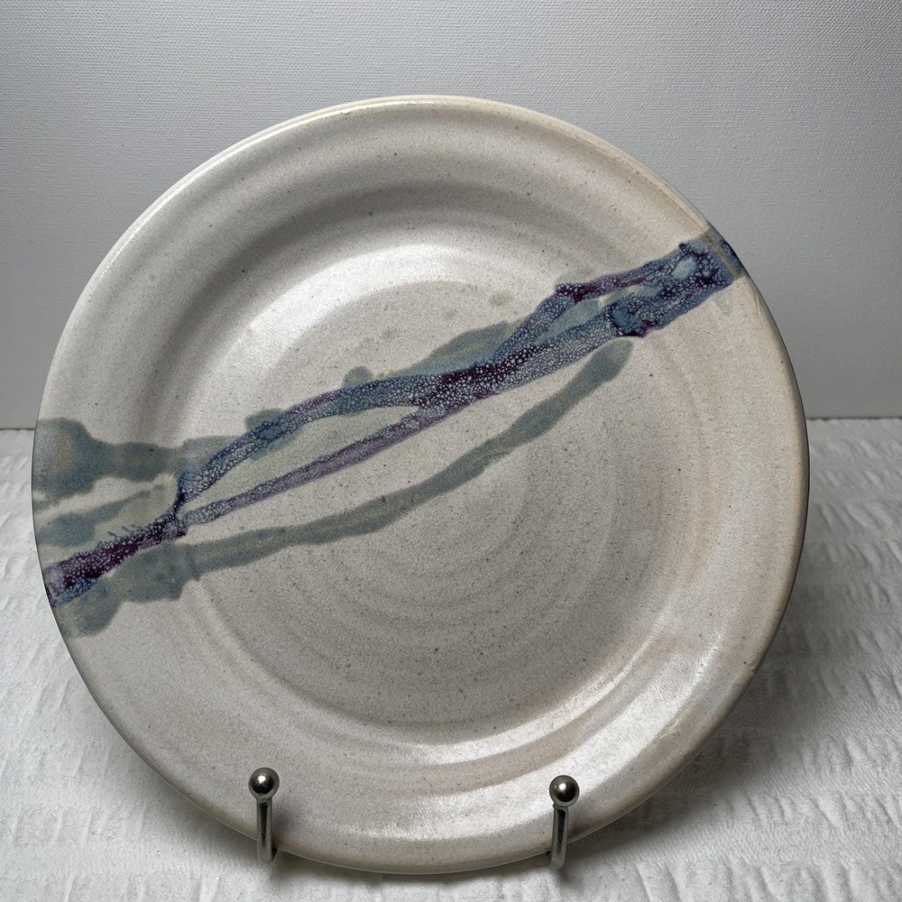 VTG Studio Art Pottery Bowl Purple/Blue/Green Abstract 8 1/2 in diam X 1 in deep